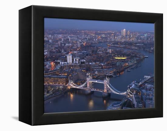 Aerial Photo Showing Tower Bridge, River Thames and Canary Wharf at Dusk, London, England-Charles Bowman-Framed Premier Image Canvas