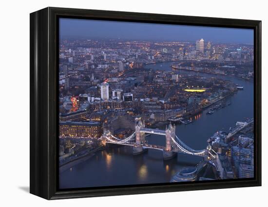 Aerial Photo Showing Tower Bridge, River Thames and Canary Wharf at Dusk, London, England-Charles Bowman-Framed Premier Image Canvas
