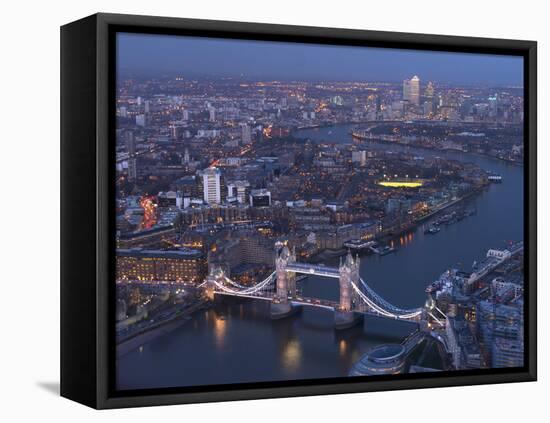 Aerial Photo Showing Tower Bridge, River Thames and Canary Wharf at Dusk, London, England-Charles Bowman-Framed Premier Image Canvas