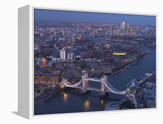 Aerial Photo Showing Tower Bridge, River Thames and Canary Wharf at Dusk, London, England-Charles Bowman-Framed Premier Image Canvas