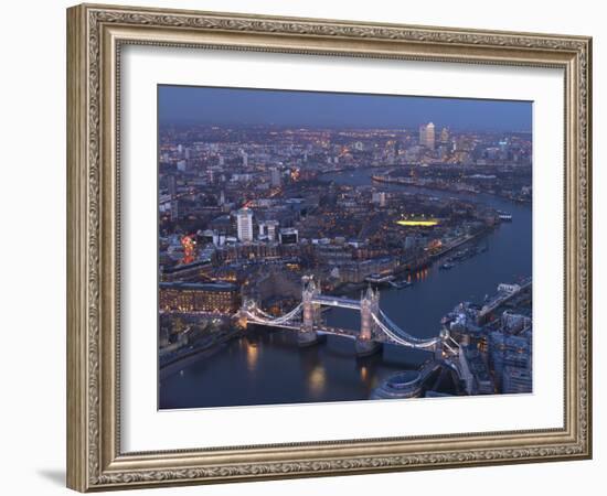 Aerial Photo Showing Tower Bridge, River Thames and Canary Wharf at Dusk, London, England-Charles Bowman-Framed Photographic Print