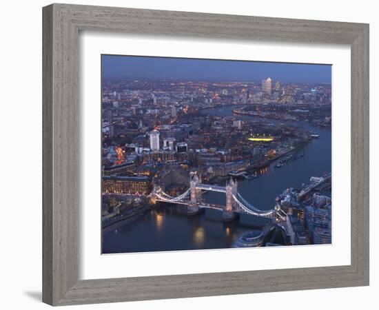 Aerial Photo Showing Tower Bridge, River Thames and Canary Wharf at Dusk, London, England-Charles Bowman-Framed Photographic Print