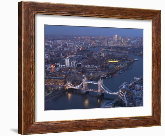 Aerial Photo Showing Tower Bridge, River Thames and Canary Wharf at Dusk, London, England-Charles Bowman-Framed Photographic Print