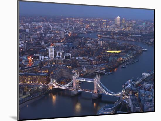 Aerial Photo Showing Tower Bridge, River Thames and Canary Wharf at Dusk, London, England-Charles Bowman-Mounted Photographic Print