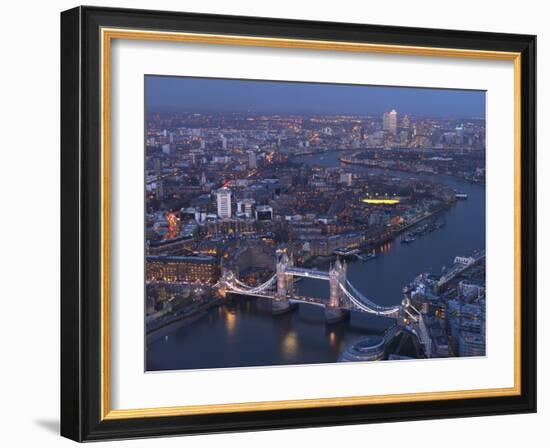 Aerial Photo Showing Tower Bridge, River Thames and Canary Wharf at Dusk, London, England-Charles Bowman-Framed Photographic Print