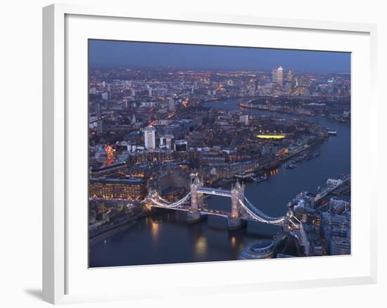 Aerial Photo Showing Tower Bridge, River Thames and Canary Wharf at Dusk, London, England-Charles Bowman-Framed Photographic Print