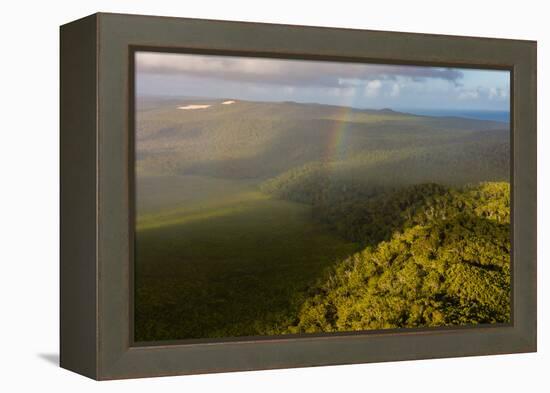 Aerial photograph of a rainbow & giant sand dunes, Great Sandy National Park, Australia-Mark A Johnson-Framed Premier Image Canvas