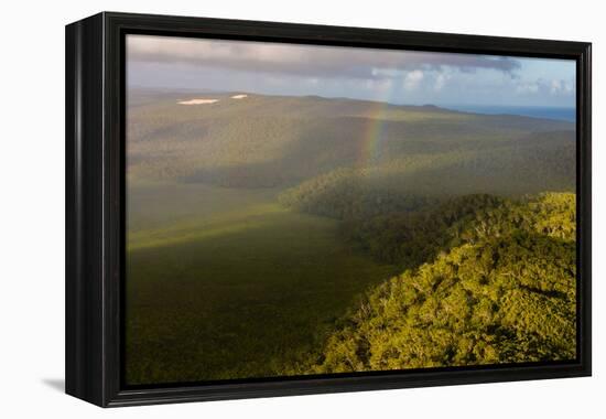 Aerial photograph of a rainbow & giant sand dunes, Great Sandy National Park, Australia-Mark A Johnson-Framed Premier Image Canvas