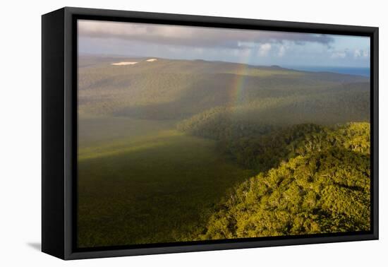 Aerial photograph of a rainbow & giant sand dunes, Great Sandy National Park, Australia-Mark A Johnson-Framed Premier Image Canvas