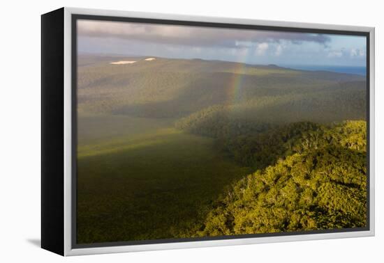 Aerial photograph of a rainbow & giant sand dunes, Great Sandy National Park, Australia-Mark A Johnson-Framed Premier Image Canvas