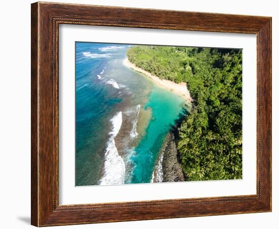 Aerial photograph of Ke'e Beach, Na Pali Coast, Kauai, Hawaii, USA-Mark A Johnson-Framed Photographic Print