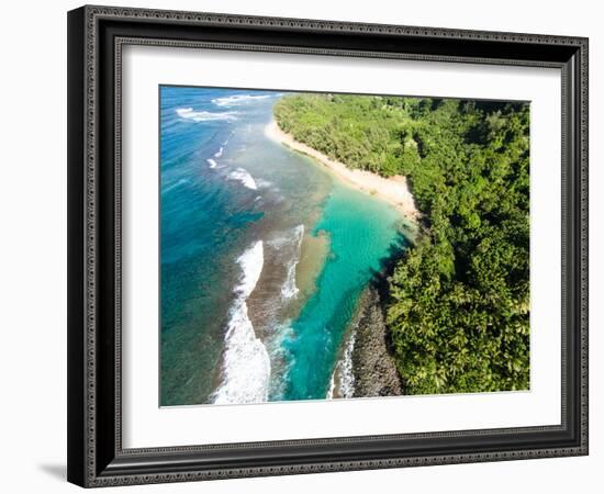 Aerial photograph of Ke'e Beach, Na Pali Coast, Kauai, Hawaii, USA-Mark A Johnson-Framed Photographic Print