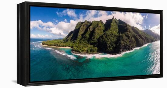 Aerial photograph of Ke'e Beach, Na Pali Coast, Kauai, Hawaii, USA-Mark A Johnson-Framed Premier Image Canvas