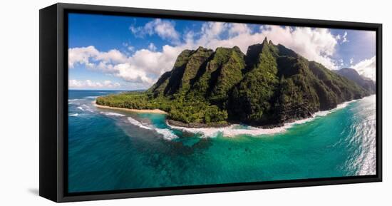 Aerial photograph of Ke'e Beach, Na Pali Coast, Kauai, Hawaii, USA-Mark A Johnson-Framed Premier Image Canvas