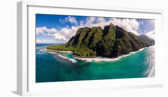 Aerial photograph of Ke'e Beach, Na Pali Coast, Kauai, Hawaii, USA-Mark A Johnson-Framed Photographic Print