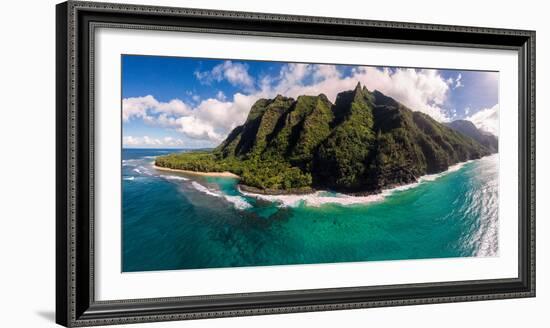 Aerial photograph of Ke'e Beach, Na Pali Coast, Kauai, Hawaii, USA-Mark A Johnson-Framed Photographic Print