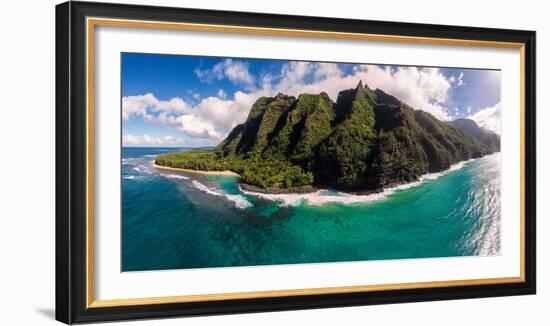 Aerial photograph of Ke'e Beach, Na Pali Coast, Kauai, Hawaii, USA-Mark A Johnson-Framed Photographic Print