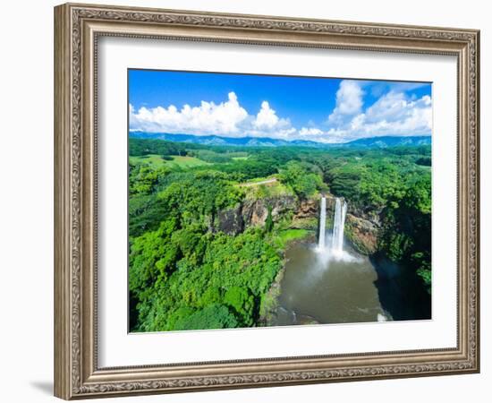 Aerial photograph of Wailua Falls, Kauai, Hawaii, USA-Mark A Johnson-Framed Photographic Print