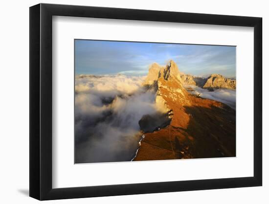 Aerial Shot from Seceda of Odle Surrounded by Clouds at Sunset in the Dolomites-Roberto Moiola-Framed Photographic Print