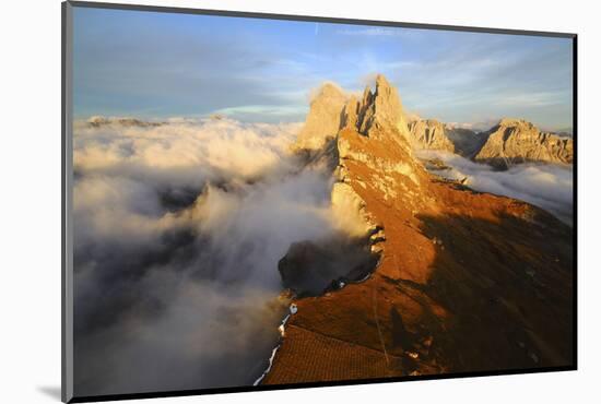 Aerial Shot from Seceda of Odle Surrounded by Clouds at Sunset in the Dolomites-Roberto Moiola-Mounted Photographic Print