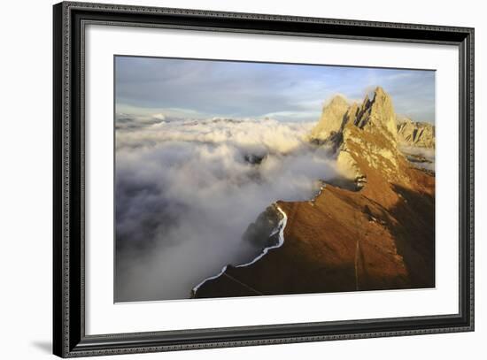 Aerial Shot from Seceda of Odle Surrounded by Clouds at Sunset-ClickAlps-Framed Photographic Print