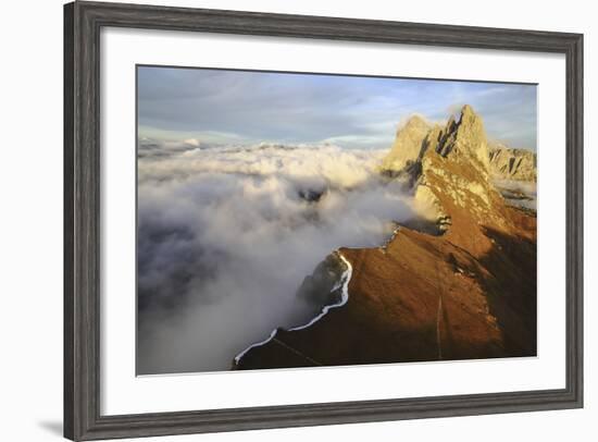 Aerial Shot from Seceda of Odle Surrounded by Clouds at Sunset-ClickAlps-Framed Photographic Print