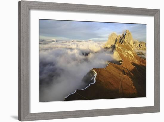 Aerial Shot from Seceda of Odle Surrounded by Clouds at Sunset-ClickAlps-Framed Photographic Print