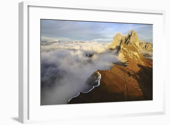 Aerial Shot from Seceda of Odle Surrounded by Clouds at Sunset-ClickAlps-Framed Photographic Print