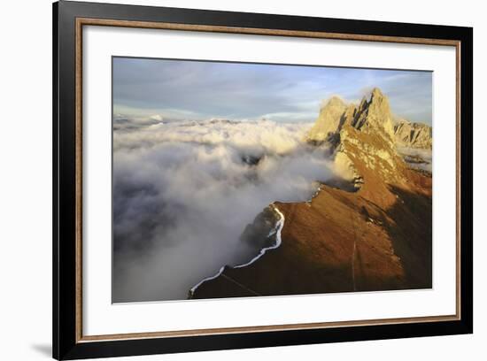 Aerial Shot from Seceda of Odle Surrounded by Clouds at Sunset-ClickAlps-Framed Photographic Print