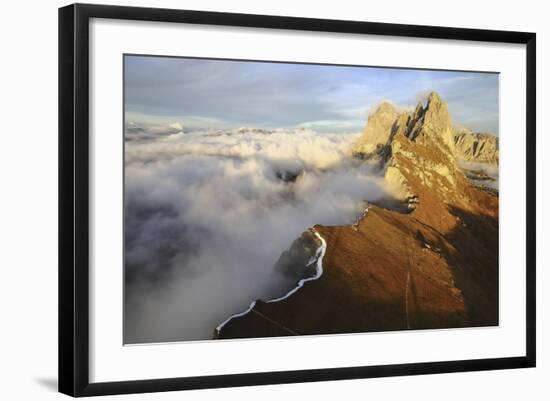 Aerial Shot from Seceda of Odle Surrounded by Clouds at Sunset-ClickAlps-Framed Photographic Print