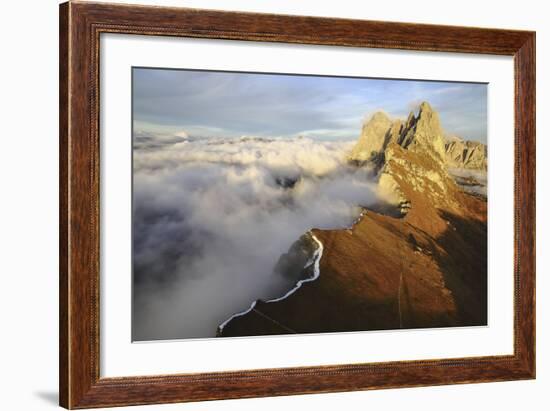 Aerial Shot from Seceda of Odle Surrounded by Clouds at Sunset-ClickAlps-Framed Photographic Print