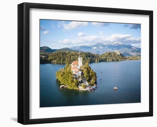 Aerial view by drone of Bled Island with the Church of the Assumption at dawn, Slovenia-Ben Pipe-Framed Photographic Print