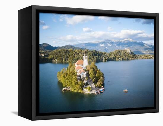 Aerial view by drone of Bled Island with the Church of the Assumption at dawn, Slovenia-Ben Pipe-Framed Premier Image Canvas