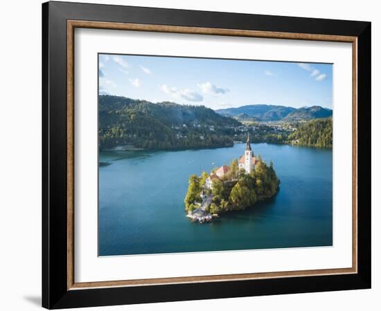 Aerial view by drone of Bled Island with the Church of the Assumption at dawn, Slovenia-Ben Pipe-Framed Photographic Print