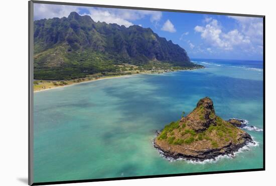 Aerial view by drone of Kaneohe Bay and Mokolii island (Chinaman's Hat), Oahu Island, Hawaii, USA-Christian Kober-Mounted Photographic Print