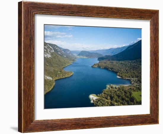 Aerial view by drone of Lake Bohinj, Triglav National Park, Upper Carniola, Slovenia-Ben Pipe-Framed Photographic Print