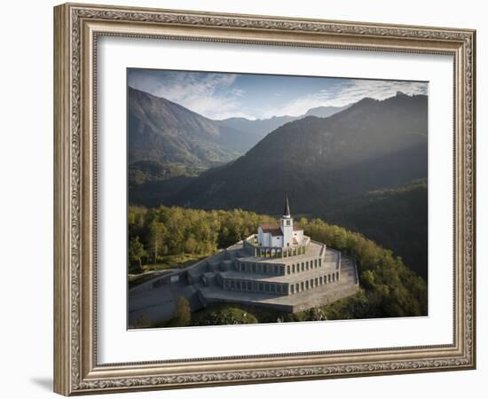 Aerial view by drone of St. Anthony's Sanctuary Caporetto Memorial, Kobarid, Goriska, Slovenia-Ben Pipe-Framed Photographic Print