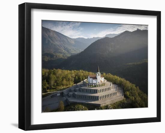 Aerial view by drone of St. Anthony's Sanctuary Caporetto Memorial, Kobarid, Goriska, Slovenia-Ben Pipe-Framed Photographic Print