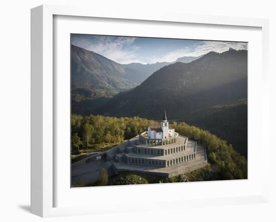 Aerial view by drone of St. Anthony's Sanctuary Caporetto Memorial, Kobarid, Goriska, Slovenia-Ben Pipe-Framed Photographic Print