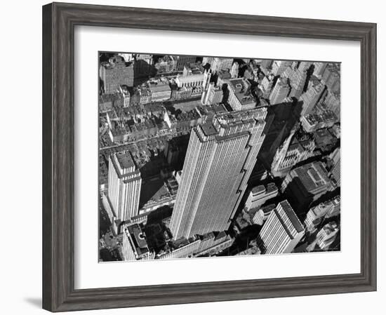 Aerial View Looking Down on 6th Ave. and 50th St. at Towering Rockefeller Center Complex-Margaret Bourke-White-Framed Premium Photographic Print