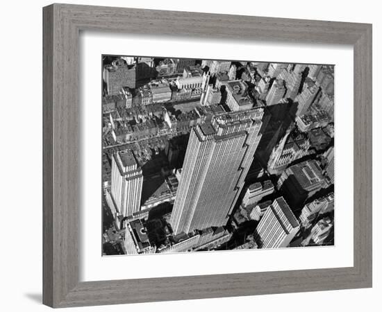 Aerial View Looking Down on 6th Ave. and 50th St. at Towering Rockefeller Center Complex-Margaret Bourke-White-Framed Photographic Print