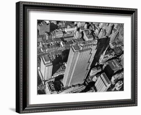 Aerial View Looking Down on 6th Ave. and 50th St. at Towering Rockefeller Center Complex-Margaret Bourke-White-Framed Photographic Print