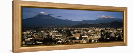 Aerial View of a City a with Mountain Range in the Background, Popocatepetl Volcano, Cholula-null-Framed Stretched Canvas