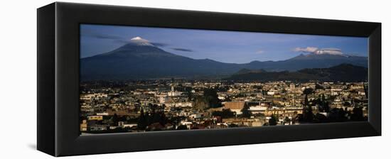 Aerial View of a City a with Mountain Range in the Background, Popocatepetl Volcano, Cholula-null-Framed Stretched Canvas