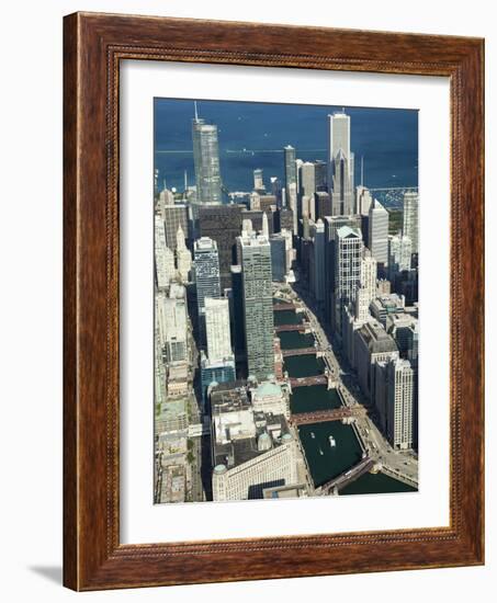 Aerial View of a City with Lake Michigan in the Background, Trump Tower, Chicago River, Chicago,...-null-Framed Photographic Print