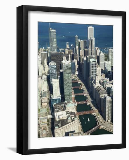 Aerial View of a City with Lake Michigan in the Background, Trump Tower, Chicago River, Chicago,...-null-Framed Photographic Print