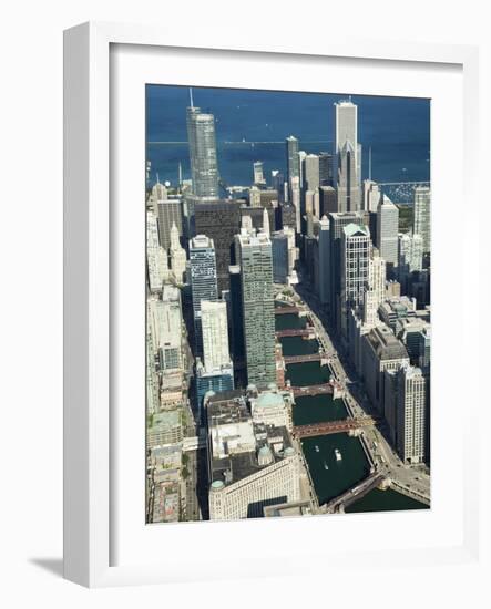 Aerial View of a City with Lake Michigan in the Background, Trump Tower, Chicago River, Chicago,...-null-Framed Photographic Print