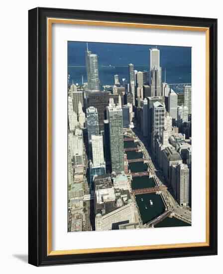 Aerial View of a City with Lake Michigan in the Background, Trump Tower, Chicago River, Chicago,...-null-Framed Photographic Print