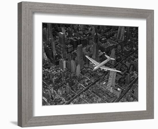 Aerial View of a DC-4 Passenger Plane Flying over Midtown Manhattan-Margaret Bourke-White-Framed Photographic Print