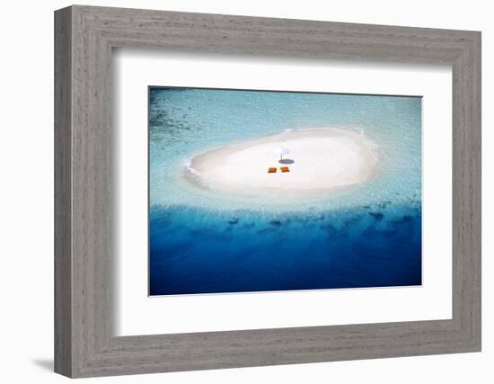 Aerial view of a sandbank, pillows and sun umbrella , Maldives, Indian Ocean, Asia-Sakis Papadopoulos-Framed Photographic Print